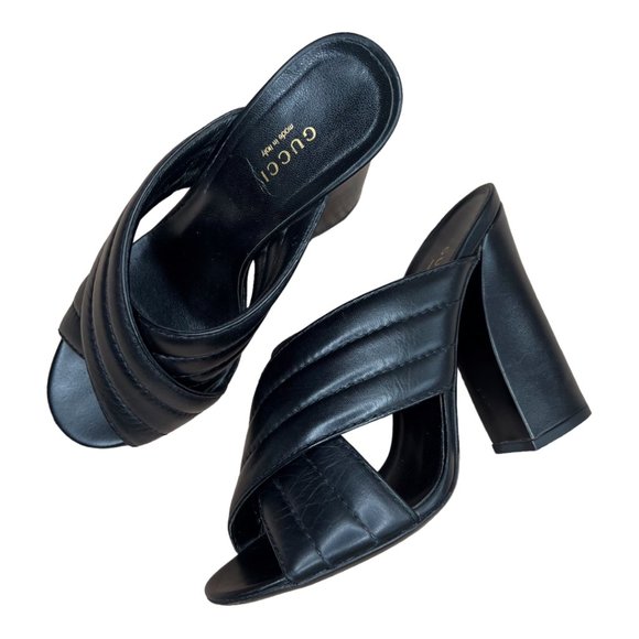 Gucci Webby Leather Mule Open Toe Block Heel Sandals - Picture 2 of 12